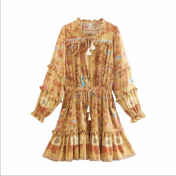 Boho 60’s Floral Gypsy Print Ruffle Dress Yellow - Picture 6 of 12